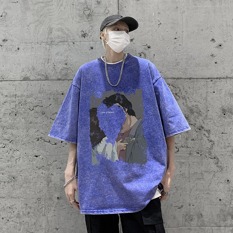 sanyamk Heart Printed Summer Vintage T-shirt for Men New Graphic Letter T Shirts Streetwear Harajuku Oversized 5XL