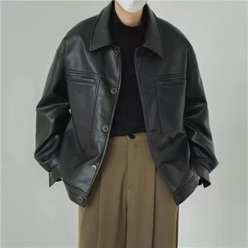 sanyamk Men's Vintage Korean PU Leather Streetwear Jacket Lapel Collar Casual Loose Short Coat Fashion Trend Outerwear Size M-2XL