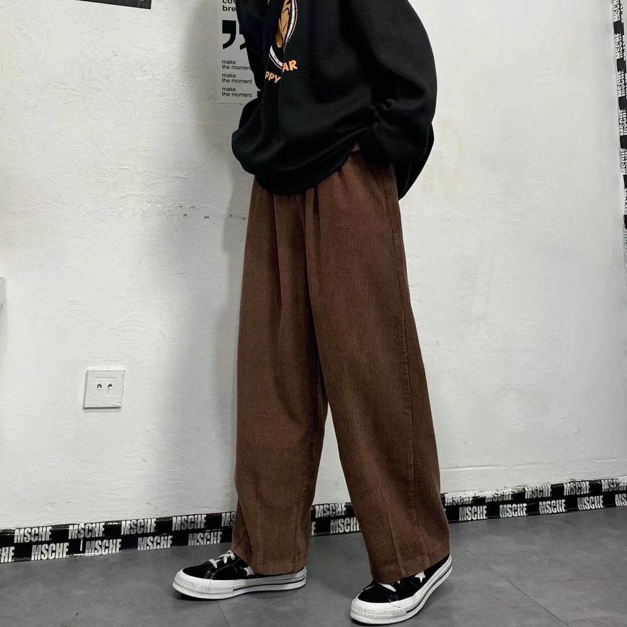sanyamk Men's Korean Style Retro Trend Sweatpants Corduroy Fabric Solid Color Straight Casual Pants Loose Brown Color Trousers