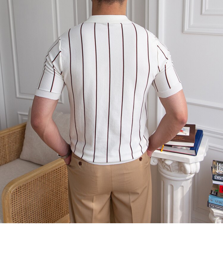 sanyamk Contrasting Stripes Casual Slim Lapel Polo Summer Knit Lapel T-shirt Polo Camisa Hombre British Men's Shirt Mannen Polo