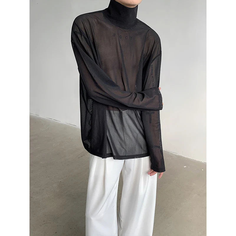 sanyamk Sexy Perspective High-neck Long Sleeve T Shirt Men Women Net Yarn Bottoming Shirt Spring Summer Transparent Black Tee Shirts
