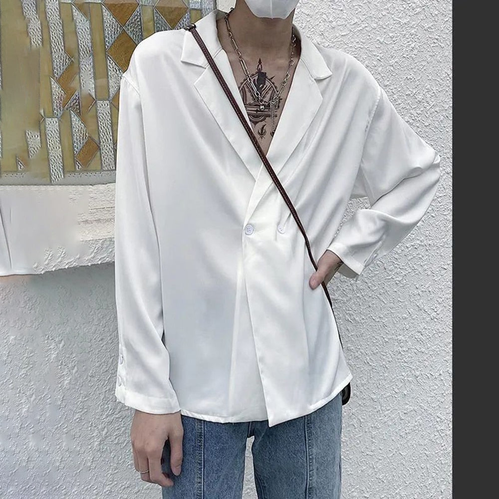 sanyamk Men's Black Satin Luxury Formal Dress Shirts French Silk Smooth Men Deep V Shirt Blazer Collar Top Party Prom Casual Wear Homme