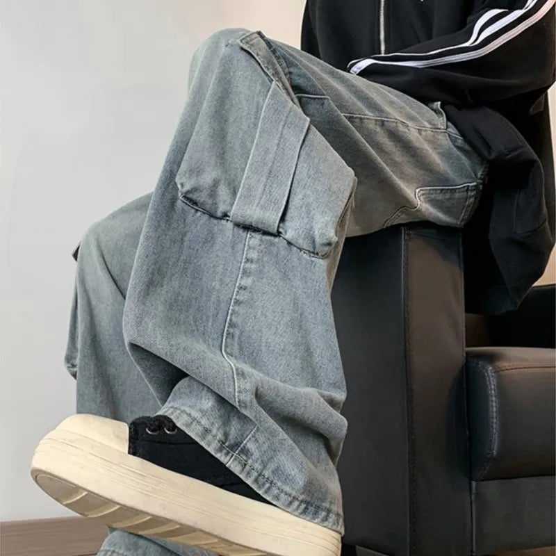 sanyamk Men Cargo Jeans Loose Straight Wide Leg Denim Pants Men's Hip Hop Streetwear Neutral Skateboard Mopping denim Trousers