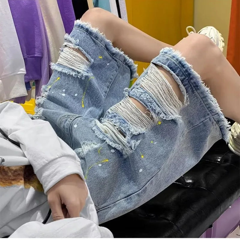 sanyamk Ripped Denim Shorts Men Baggy Retro Hip Hop Summer Breathable Destroyed Streetwear Daily Raw Edge All-match Comfortable