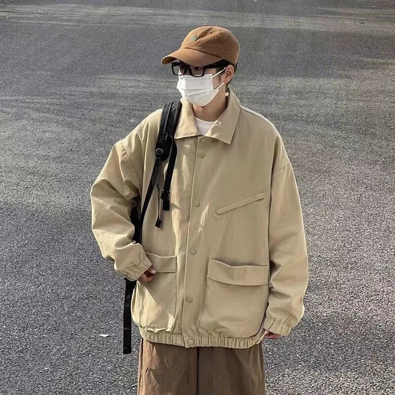 sanyamk Men's Japanese Vintage Lapel Collar Cargo Jackets Work Clothes Harajuku Loose Casual Coats Solid Color Outerwear M-2XL
