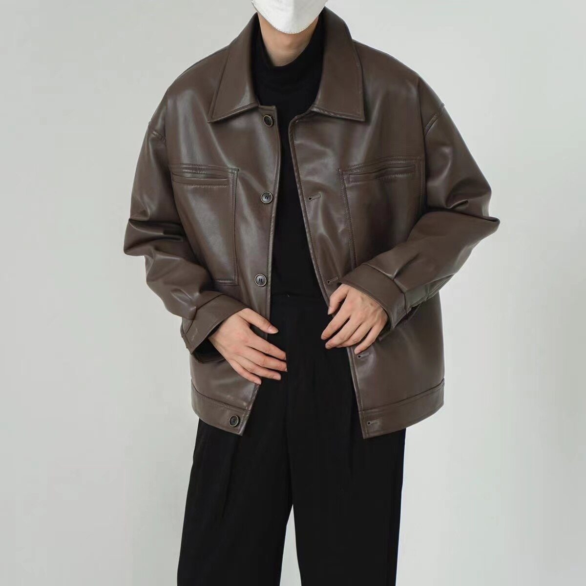 sanyamk Men's Vintage Korean PU Leather Streetwear Jacket Lapel Collar Casual Loose Short Coat Fashion Trend Outerwear Size M-2XL