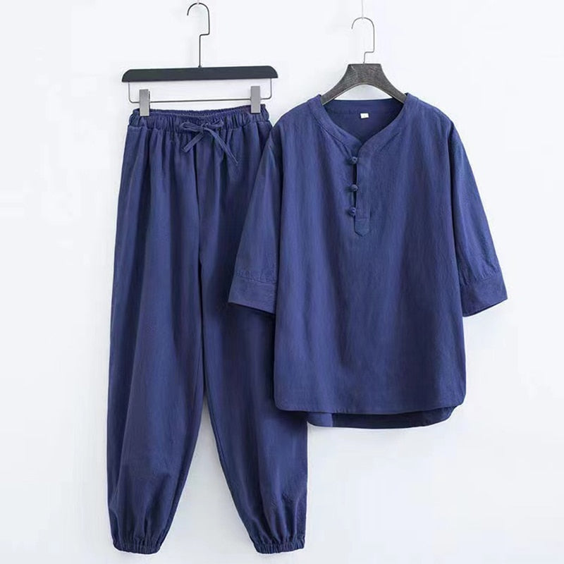 sanyamk Spring Summer New Men's Fashion Casual Solid Short Sleeve T-Shirt Pant Suit Men High-Quality Cotton And Linen Two-Piece Set 5XL
