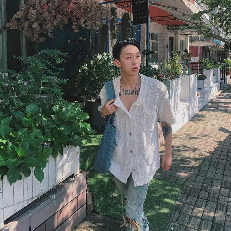Bonsir Autumn Knitted Popular Sweater Men's Cardigan Short Sleeve New Fashion Solid Color Simple Thin Coats Unisex Clothes M-2XL
