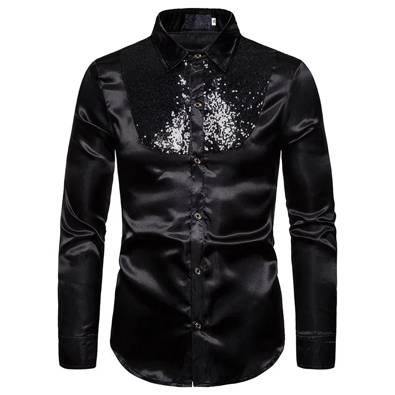 sanyamk Men's Shirt Sequin Lapel Solid Color Slim Fitting Business Casual For Wedding Banquet Performance Men Suit Long Sleeved Shirt