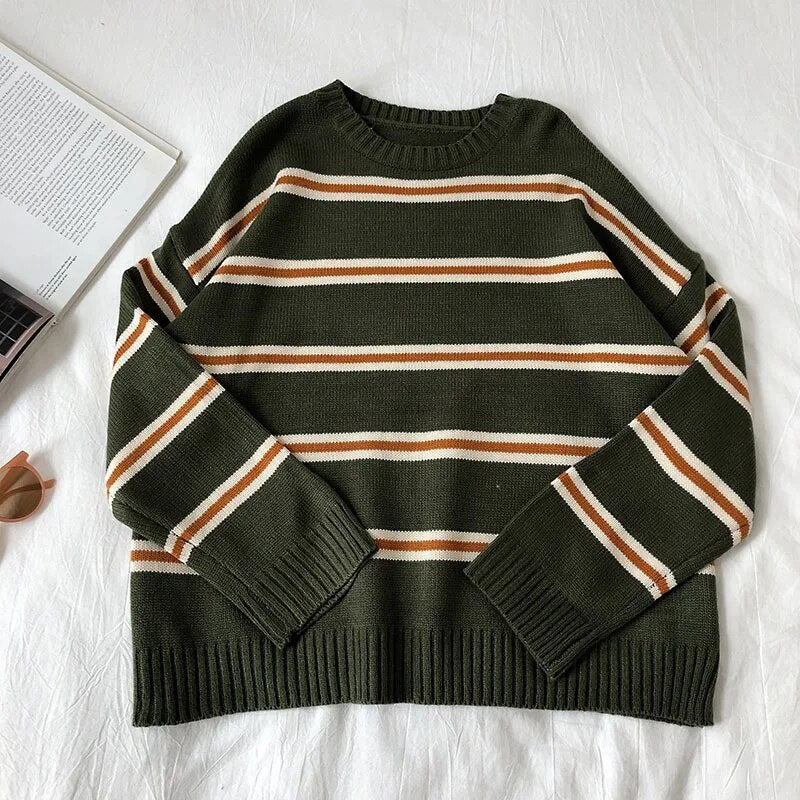 Bonsir Vintage Stripe Sweaters Women Loose Oversize Korean Style Pullover Top Autumn Winter Long Sleeve Knitted Sweater Femme