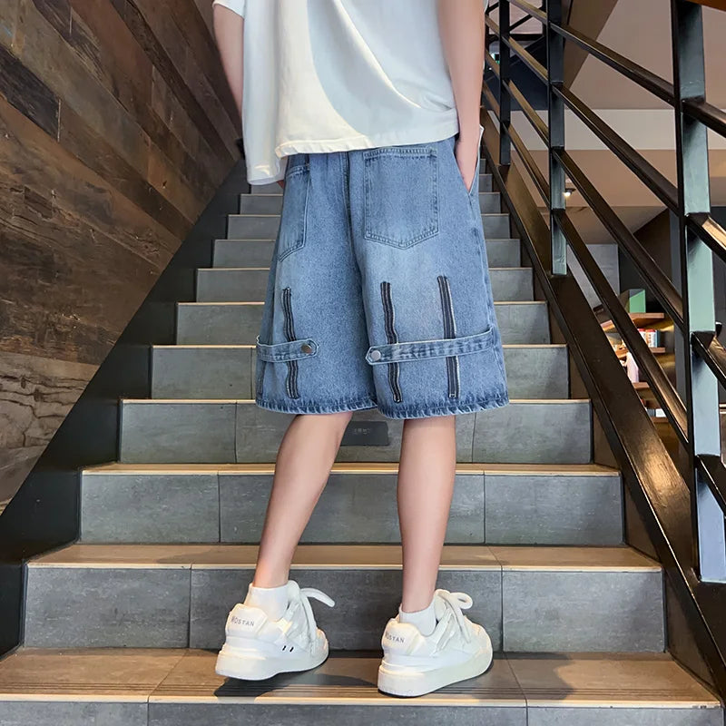 sanyamk Zipper Patchwork Jeans Shorts Men Harajuku Streetwear Denim Shorts Hip Hop Summer Casual Loose Straight Shorts Clay Yellow