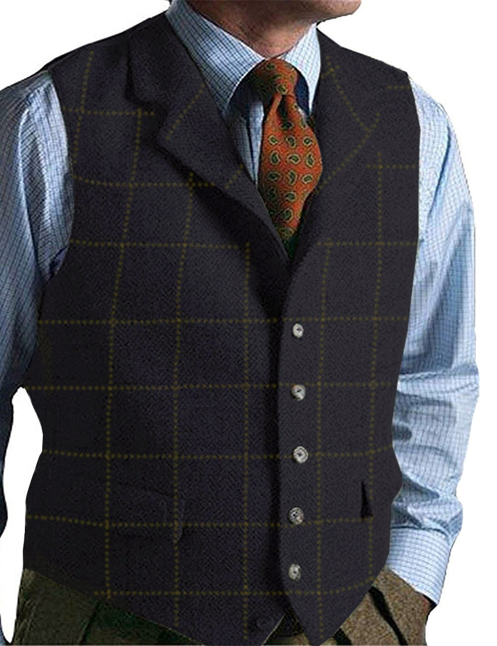 sanyamk Mens Suit Vest Green Wedding Wool Herringbone Tweed Business Waistcoat Jacket Casual Vests For Groomsmen Man Wedding