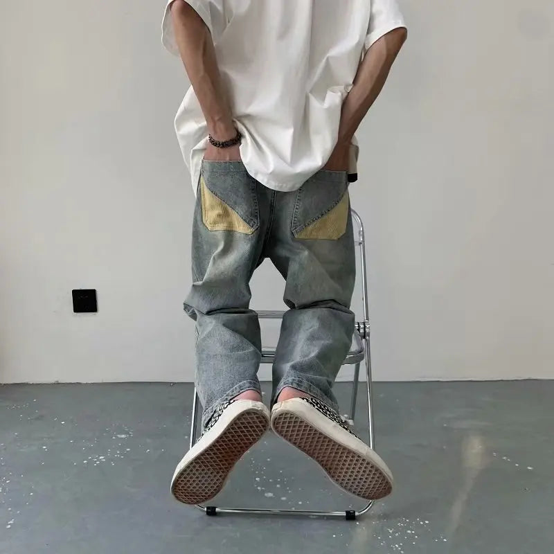 sanyamk Lazy Style Men Jeans Korean Hip Hop Patchwork Oversized Straight Jean Pants Streetwear All-match Denim Pants Light blue jeans