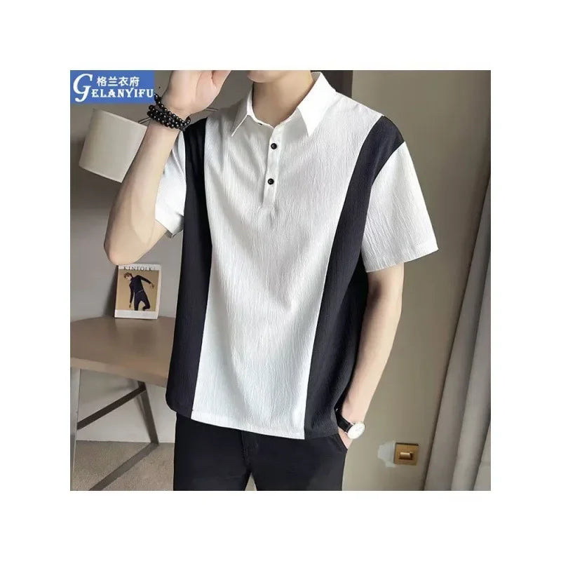 sanyamk Fashionable Hong Kong Style Casual Men's Polo Shirt Short Sleeves Trendy Brand New Summer Neutral Black For All Seasons