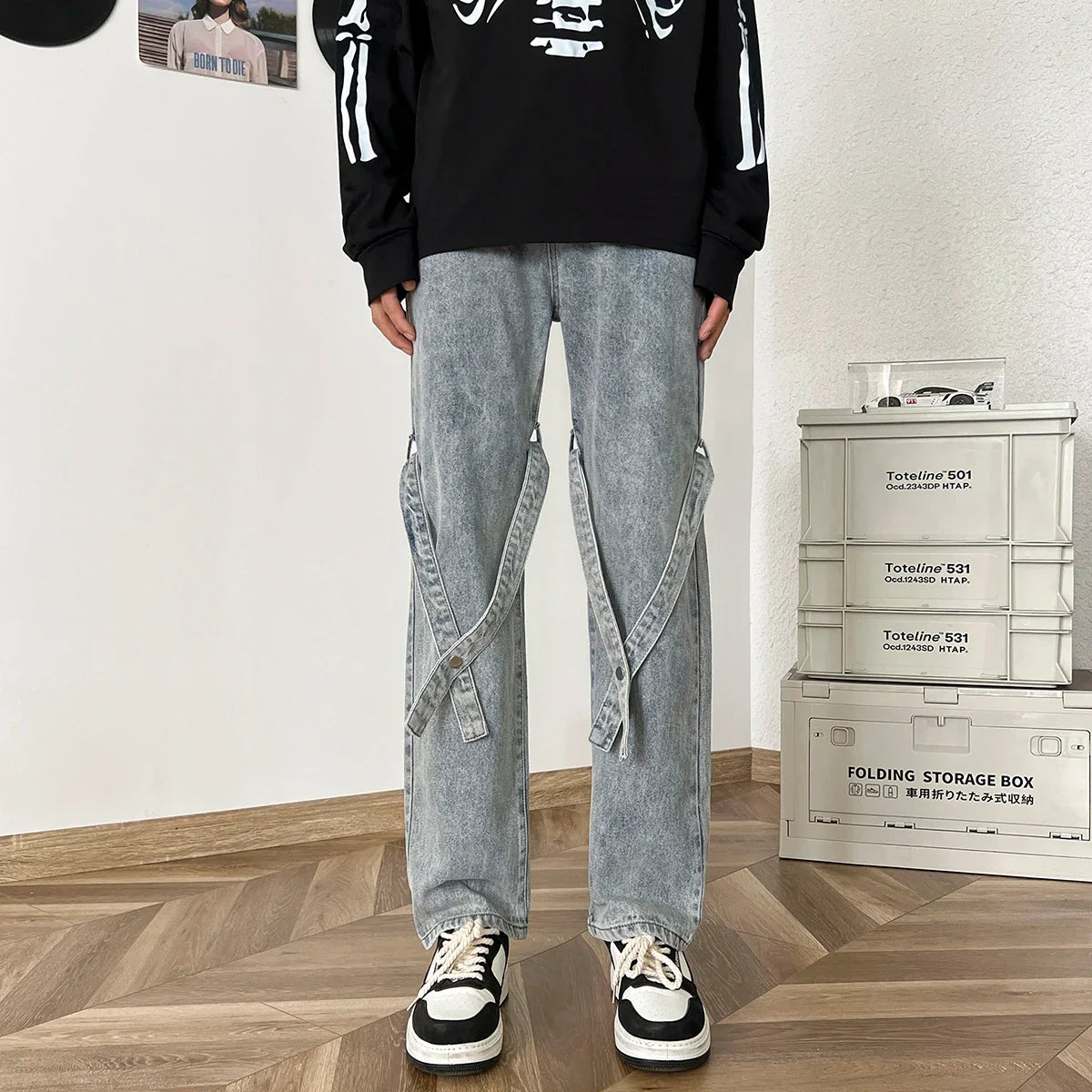 sanyamk American High Street Jeans for Men, Washed Straight-leg Trousers with Straps, Casual, Comfortable and Versatile Long Trousers