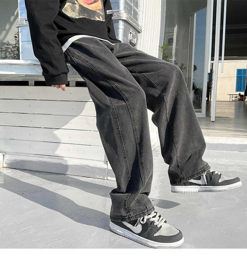 sanyamk Spring Summer New Casual Jeans Men Fashion Straight Loose Jean Pants Neutral Streetwear Solid All-match Wide-leg Trousers