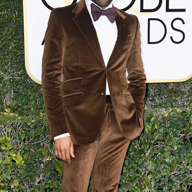 sanyamk Brown Velvet Prom Suits for Men Slim Fit 2 Piece Wedding Groom Tuxedos Male Suit Jacket with Pants Fashion Notched Lapel Blazer