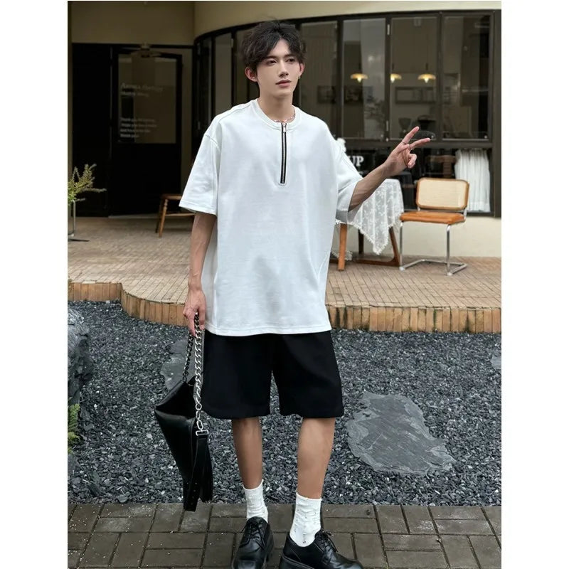 sanyamk - Summer Men's Oversized T-shirt Short Sleeve Tee Half Zipper Placket Solid Cotton Casual t-shirts for men Clean Fit Boy Clothing