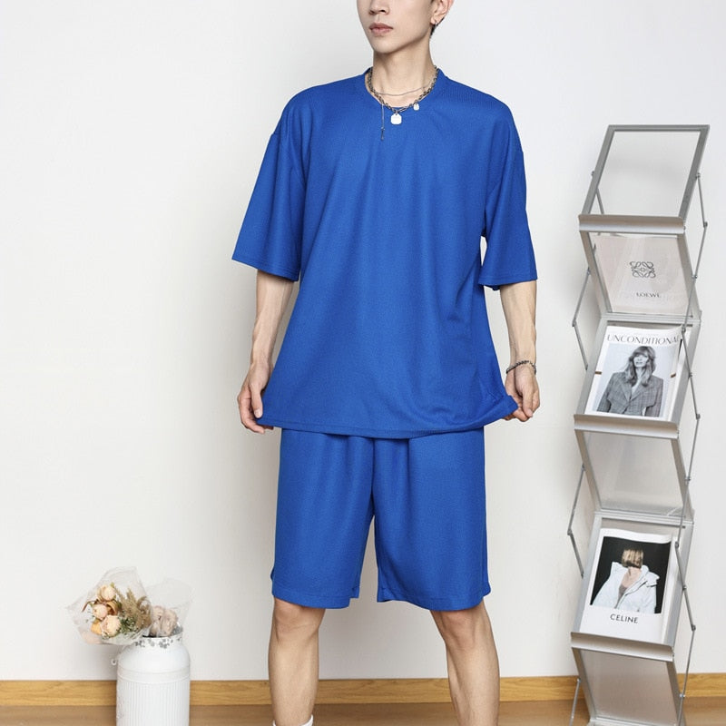 sanyamk Waffle Two Piece Set Men Short Sleeve O-neck T shirts And Shorts Casual Sports Suits 2023 Summer Fashion Mens Tracksuit Outfits