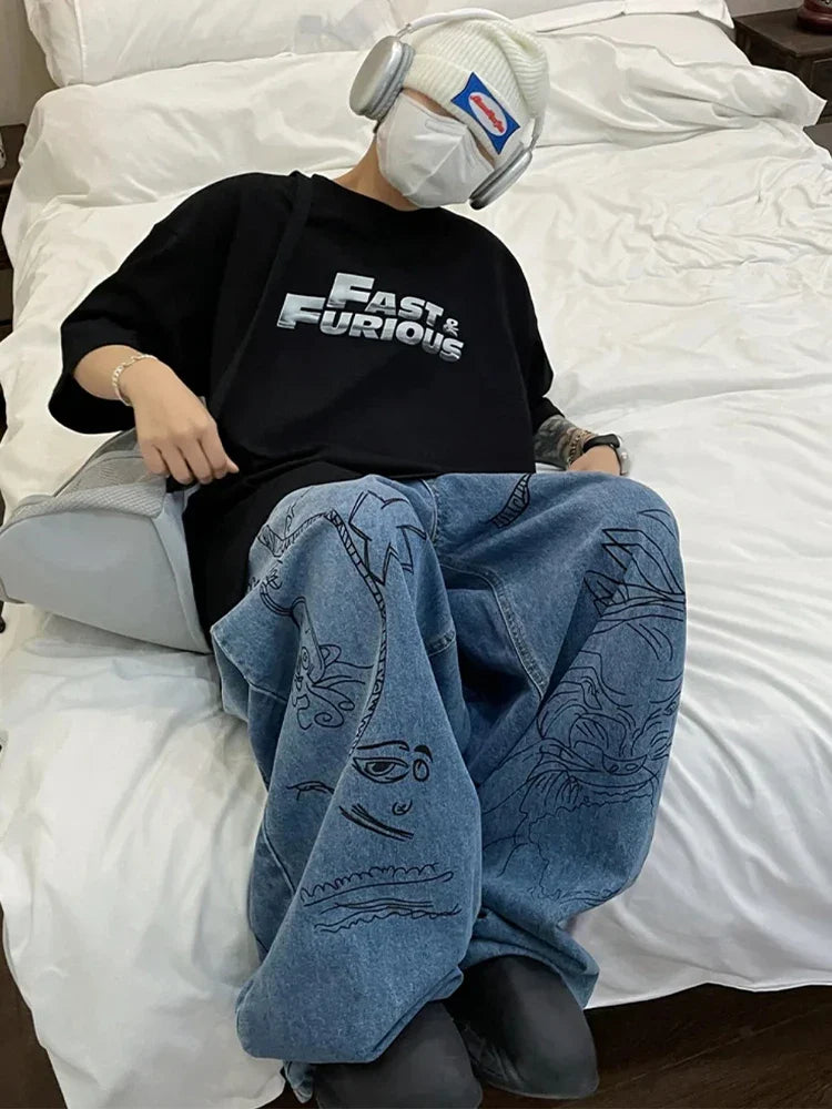 sanyamk Hip Hop Baggy Jeans Men Oversize Denim Pants Blue Jeans Printed Wide Leg Trousers Male Jeans Hippie Streetwear Casual