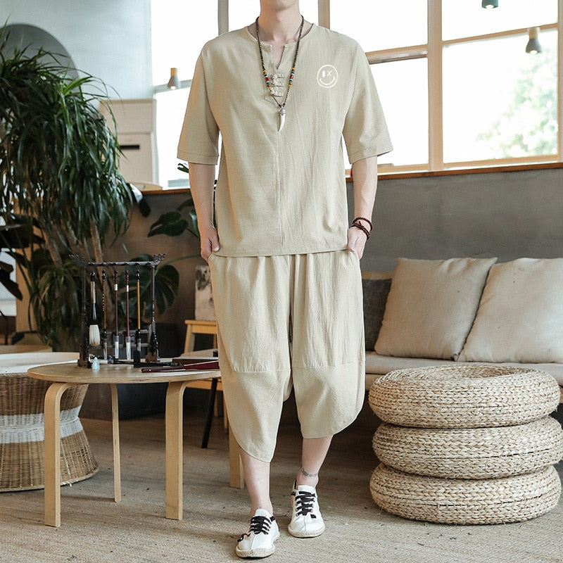 sanyamk Japanese Style Suits Kimono Short-Sleeved T-shirt Pants Two Piece Men Tops Trousers Male Japan Harajuku Yukata Cardigan Costume