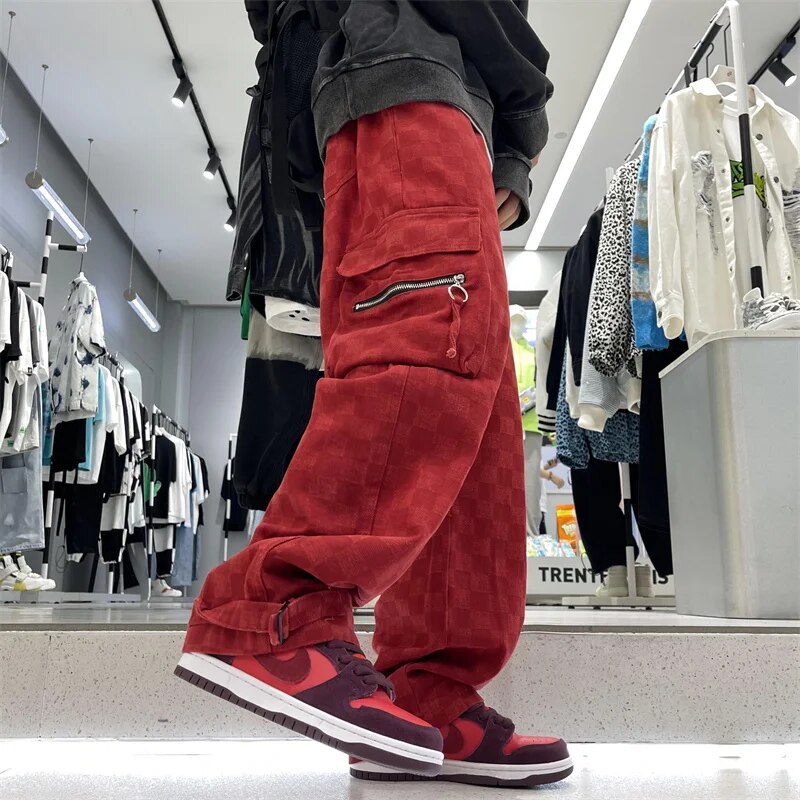 sanyamk Japanese Men's Chessboard Checker Jeans Fashion Street Hip Hop Loose Straight Wide Leg Pants Couple Outerwear Pants Red Black
