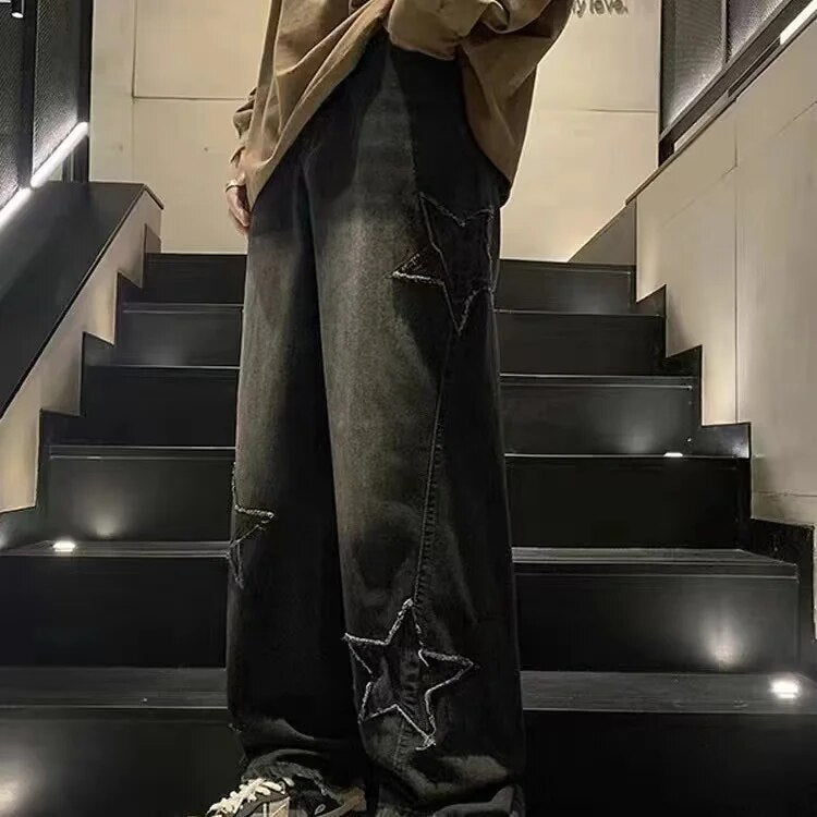 Bonsir American stitching white washed trousers retro street color contrast damaged details loose fashion straight jeans men and women