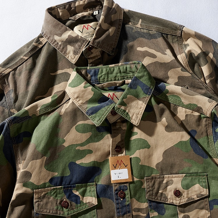 sanyamk Military Style Camouflage Shirt Men Spring Fall New Fashion Multi Pocket Cargo Blouse Vintage Casual Loose Versatile Cotton Tops