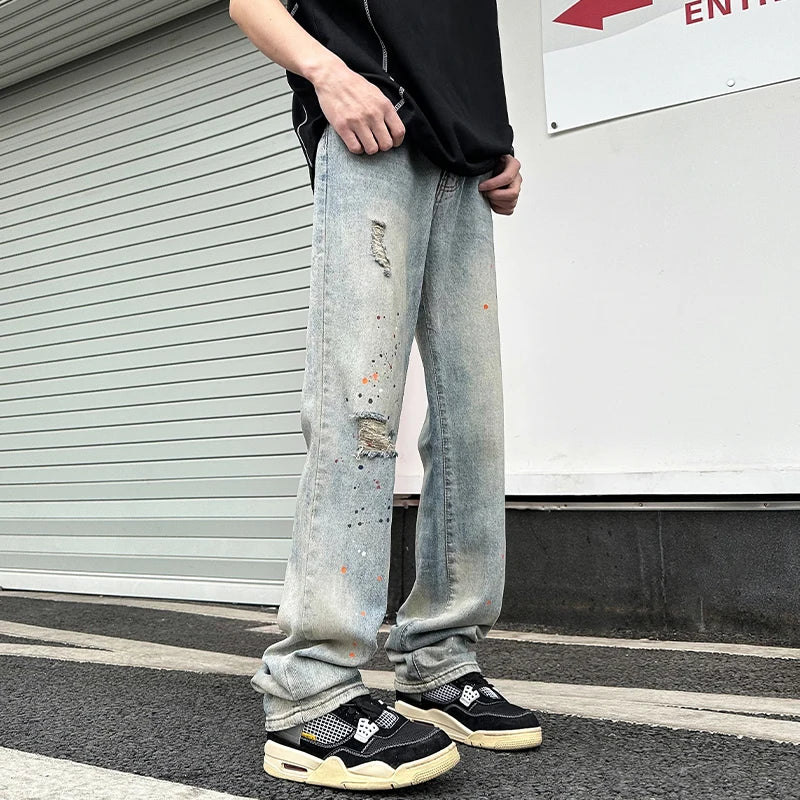 BONSIR - New Ripped Jeans Man Pants Colored Paint Dots Long Straight Casual Denim Trousers Fashion Oversized Streetwear Clothing Men