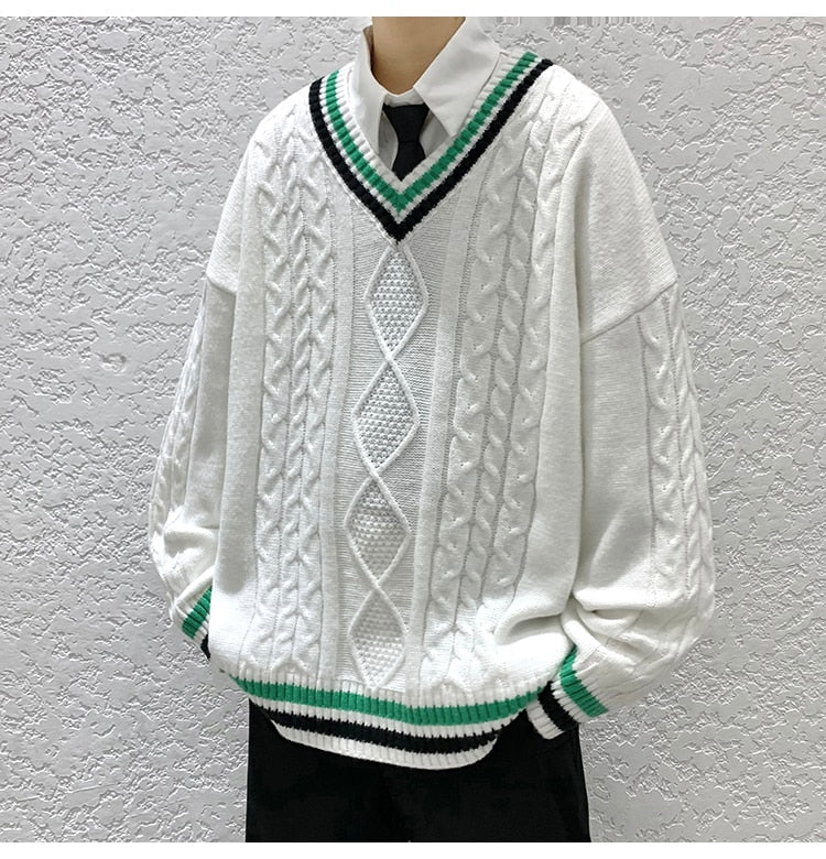 Bonsir Winter V-neck Sweater Men New Patchwork Color Knitted Sweater Pullover Harajuku Couple Streetwear Loose Knitwear Oversized 2XL