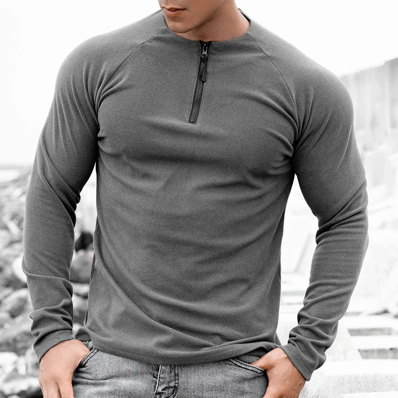 BONSIR - 2024 Slim O-Neck Zipper Tops Spring Autumn Muscle Elastic t Shirts Men Clothing Casual Solid Long Sleeve Pullover Tees For Man