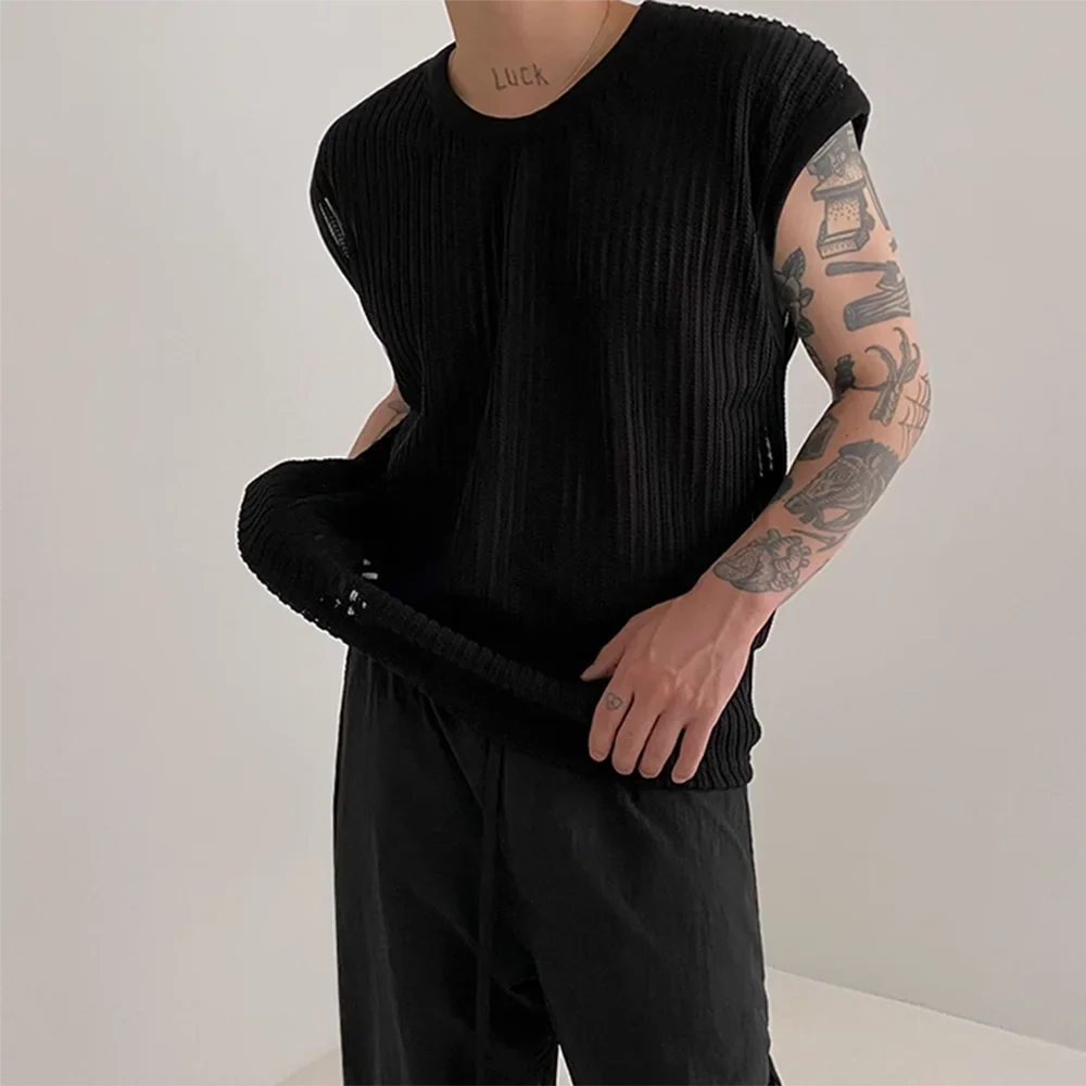 sanyamk Out Solid Knitted Shirt Men's Sexy Tank Top Summer Loose Knit Vest Korean O Neck Sleeveless Tees See Through Undershirts
