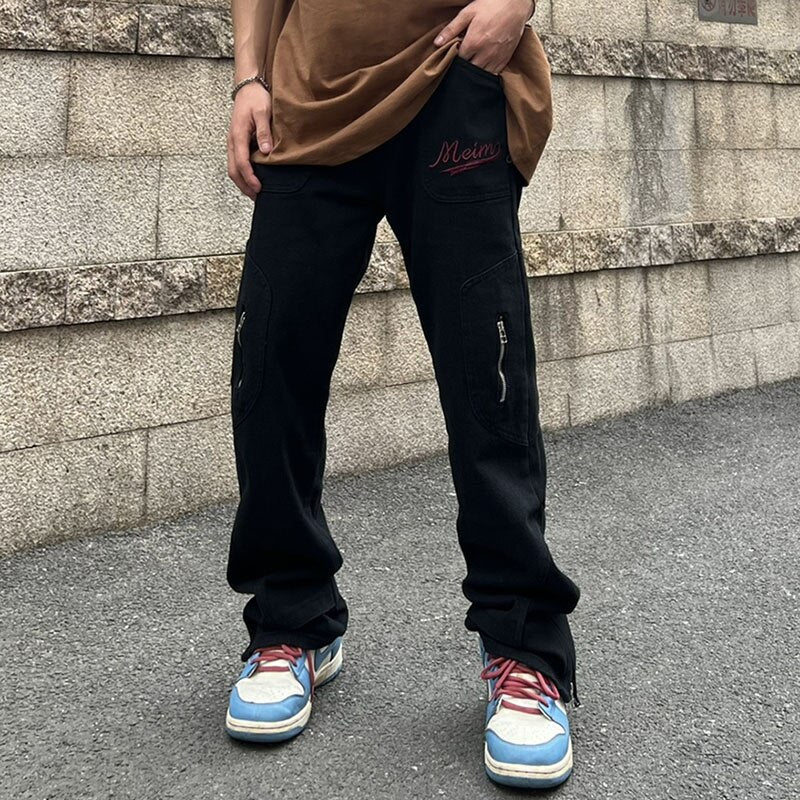 sanyamk Retro High Street Vibe Style Letter Embroidery Jeans for Men Ankle Zipper Straight Solid Color Baggy Casual Denim Trousers