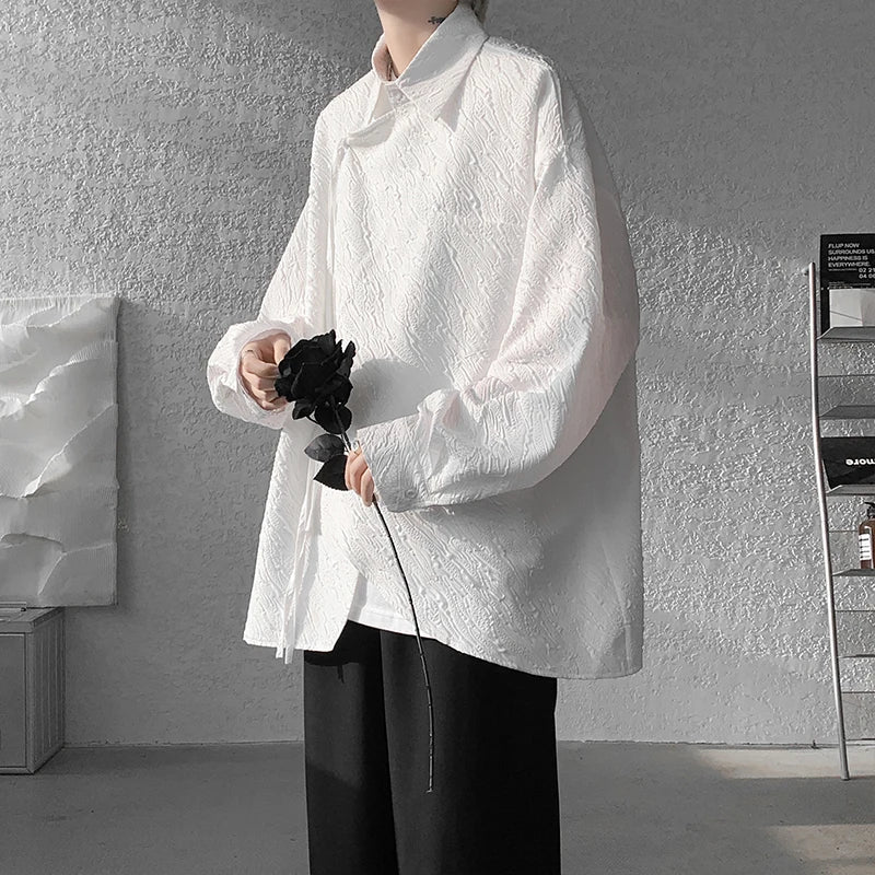 sanyamk Men's Luxury Chic Texture Shirt Vintage Casual Drapped Solid Color Button-down Long Sleeve Shirts for Men All-match Clothing