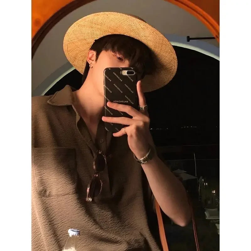 sanyamk - Summer Lapel Solid Color Knit Polo T-shirts for Men Short Sleeve Tee Korean Fashion Loose Casual Golf Button Waffle Polo Shirts
