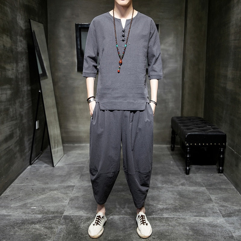 sanyamk Japanese Style Suits Kimono Short-Sleeved T-shirt Pants Two Piece Men Tops Trousers Male Japan Harajuku Yukata Cardigan Costume