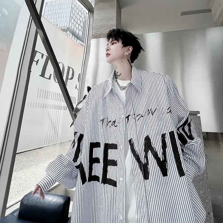 Bonsir American style fried street printed striped shirt Men's trendy brand long sleeved Korean version loose fitting high street