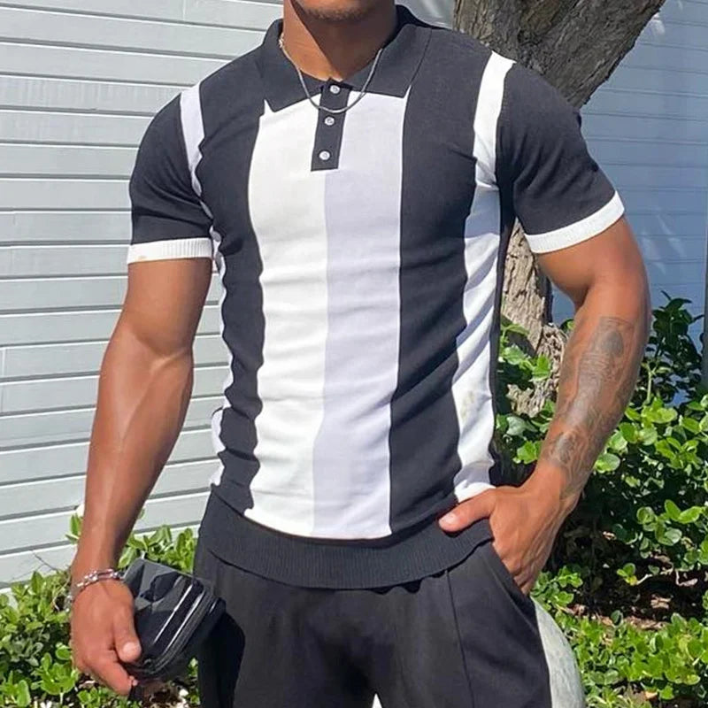 sanyamk - Streetwear Mens Casual Knit Polo 2024 Summer Leisure Short-sleeved Buttoned Lapel Polo Shirts Knitted Mens Striped Knitting Tops