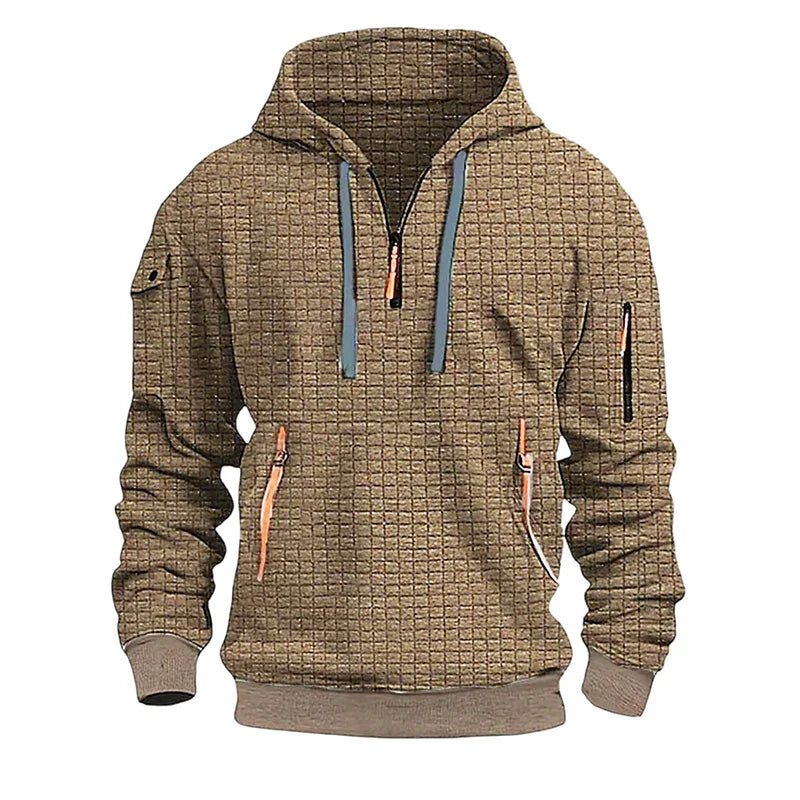 sanyamk - New Casual Mens Waffle Plaid Hoodies Spring Fall Fashion Patchwork Pockets Zipper Hooded Sweatshirts For Men Sports Hoodie Tops