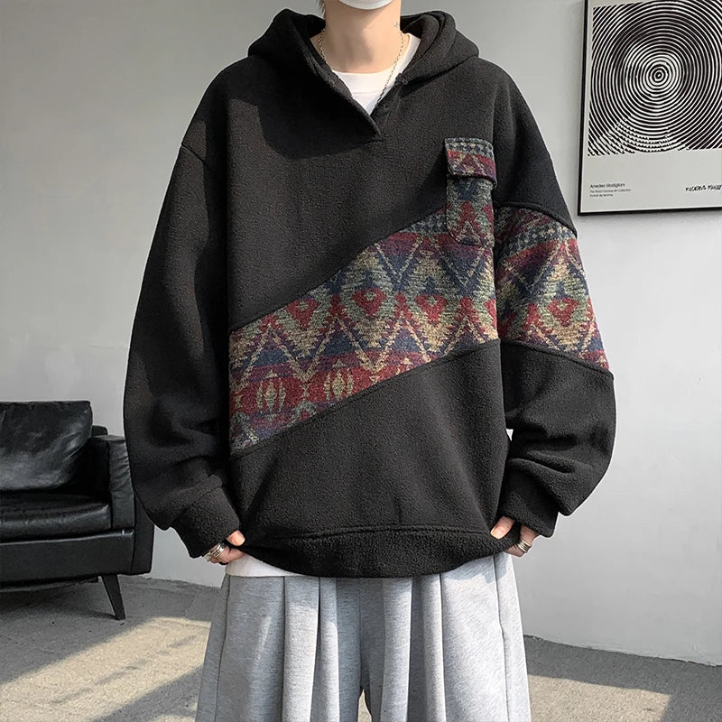 sanyamk - Korean Style Patchwork Men's Hoodie Contrast Color Pockets Casual Warm Male Fleece Sweatshirts 2024 Autumn Winter 9C8850