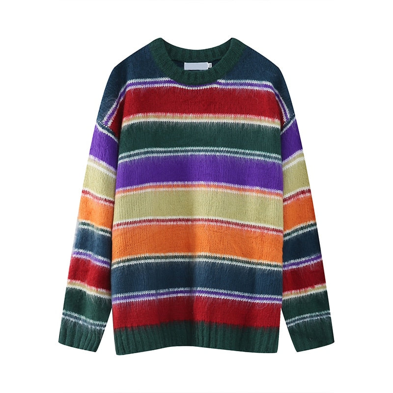 Bonsir Men's Pullover Autumn Winter New American Rainbow Stripe Contrast Round Neck Sweater Casual Long Sleeve Male Tops