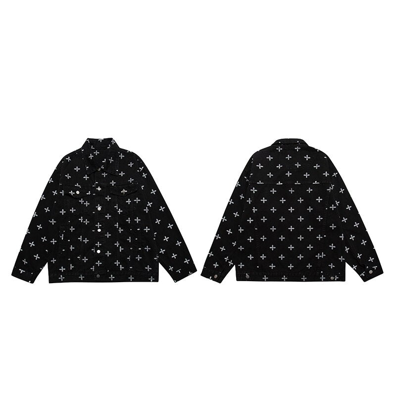 sanyamk High Street Full Cross Print Laple Black Jeans Coats for Men and Women Spliced Retro Hip Hop Autumn Casual Denim Jacket