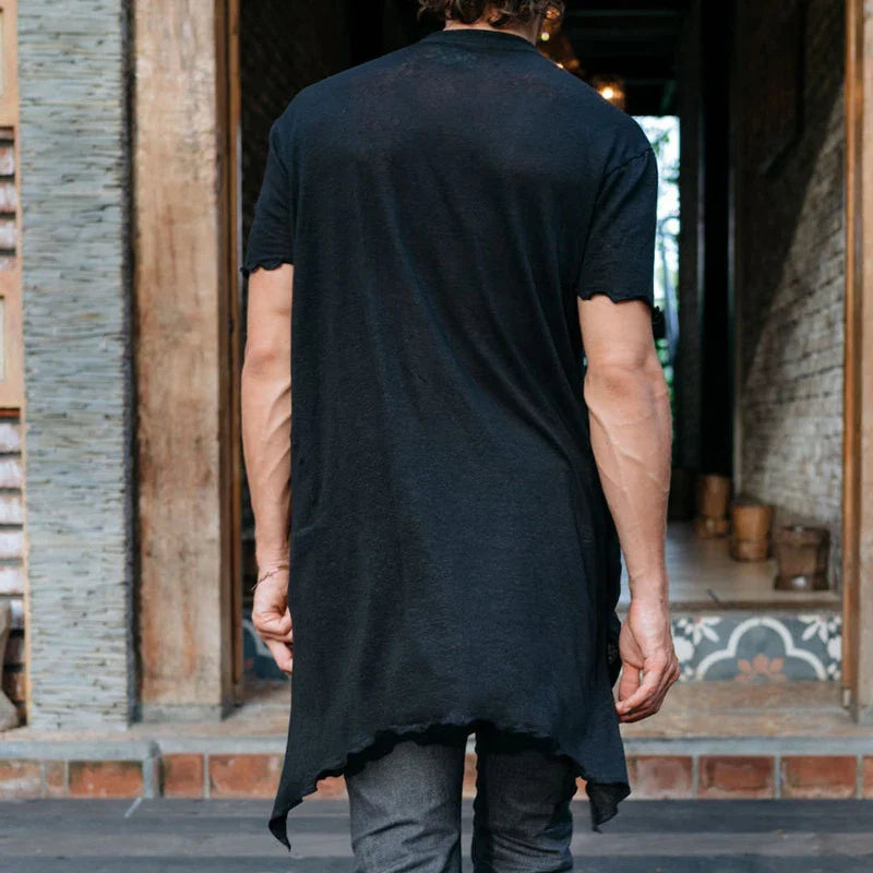 sanyamk - Vintage Irregular Ripped Design Mens Long T Shirt Summer Casual Button O Neck Short Sleeve Tops Streetwear Men Fashion T-shirts