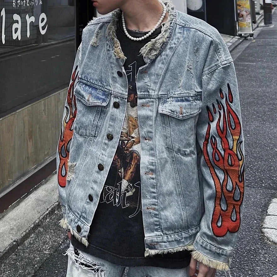 sanyamk High Street Cleanfit Ripped Flame Embroidery Hole Washed Blue Denim Jackets Men and Women Vintage Frayed Baggy Jeans Coat