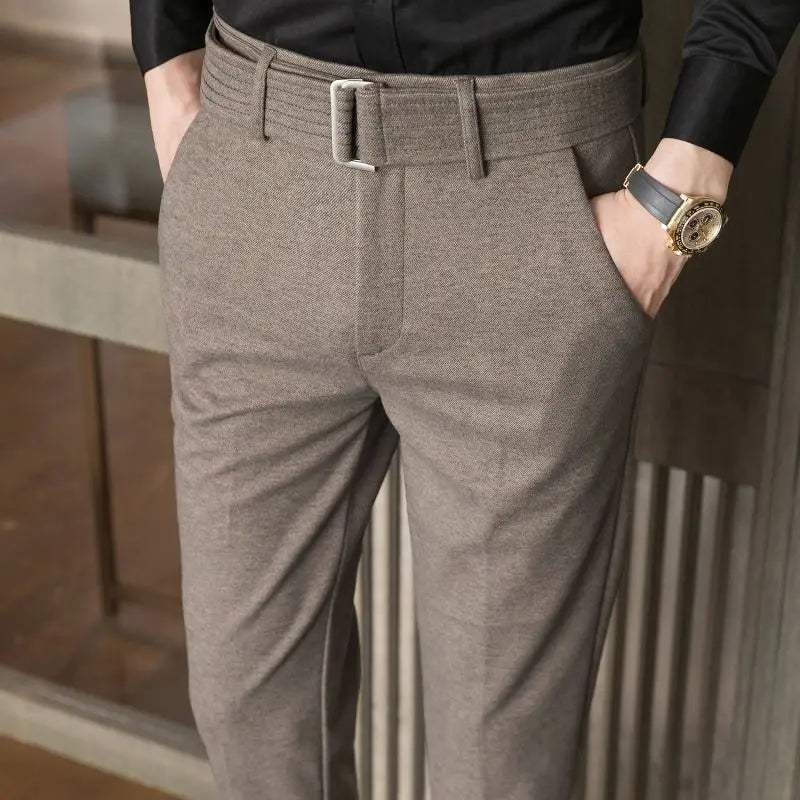 BONSIR - Autumn and Winter Men's Fashion Solid Color Fabric Casual Thickened Wool Business Brushed Straight Tube Versatile Pants
