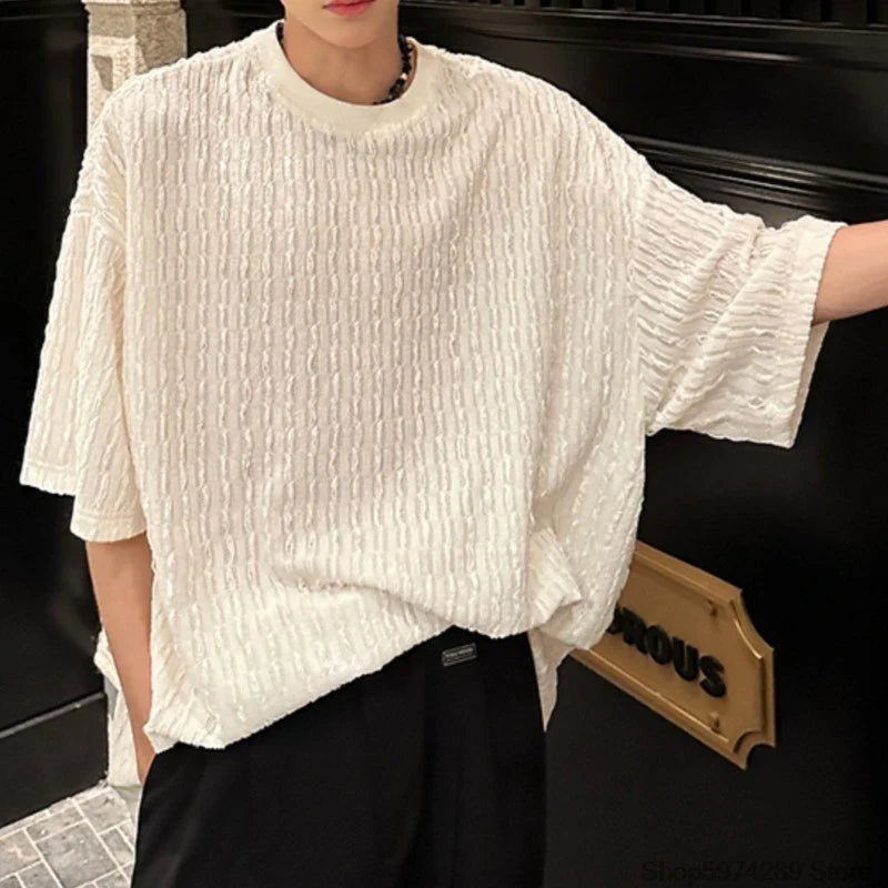 Bonsir White O-neck Pleated Stripe T-shirt for Men Vintage Large Size Breathable Soft Short Sleeved T-shirt Summer Loose Casual Tops