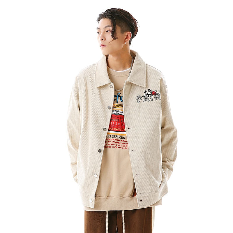 Bonsir Retro Harajuku Letter Floral Embroidery Thick Winter Clothes Men's High Street Solid Color Lapel Oversized Windbreaker Jackets
