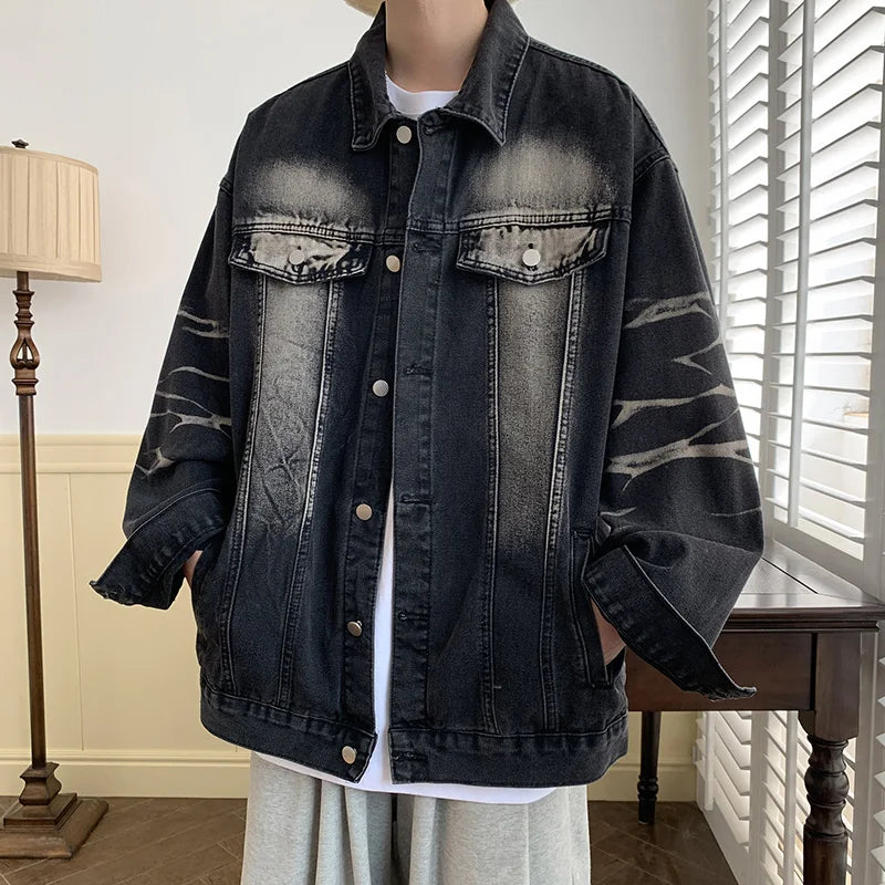 sanyamk American Style Gradient Denim Jacket Autumn High Street Causal Loose Ruffian Handsome Top Jackets Men Overcoat Male Clothes