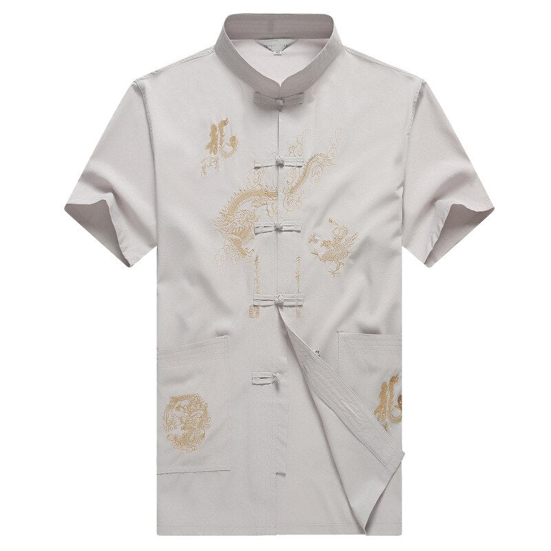 sanyamk Chinese Men Cotton Kung Fu Suit Embroidery Wu Shu Uniform Tai Chi Clothing Short Sleeve Shirt+Pant M L XL XXL XXXL MS013