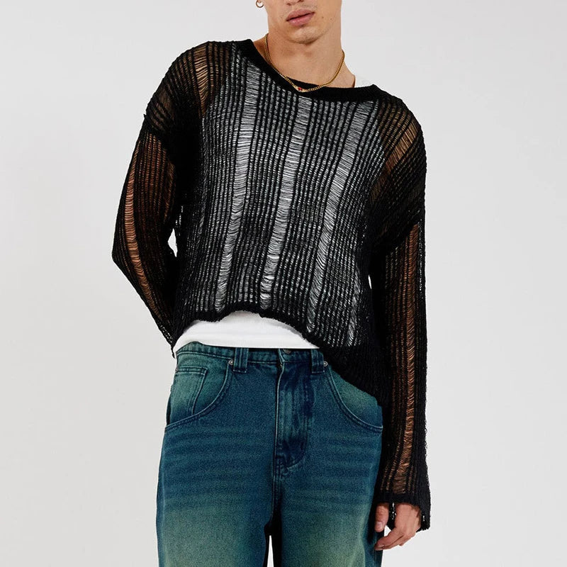 sanyamk - Fall Fashion Mens T-shirts Leisure Loose Hollow Out Crew Neck Pullover Tops Spring Men Casual Long Sleeve Tees Streetwear